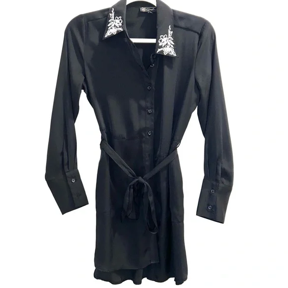 DG2 by Diane Gilman Belted long sleeve Black Dress with White Embroidered Collar - Picture 1 of 6